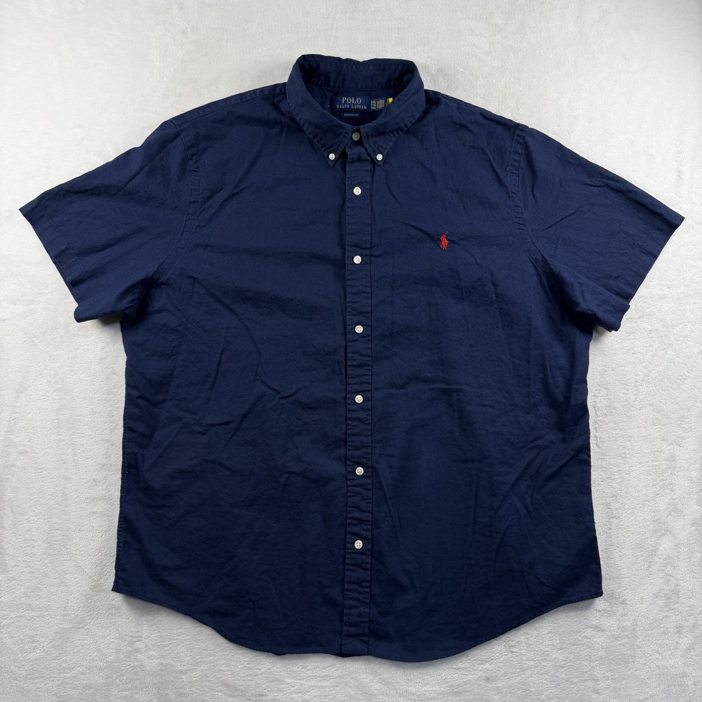 Polo Ralph Lauren Linen Shirt XXL Navy Camp Collar Button Preppy Sport Red Pony